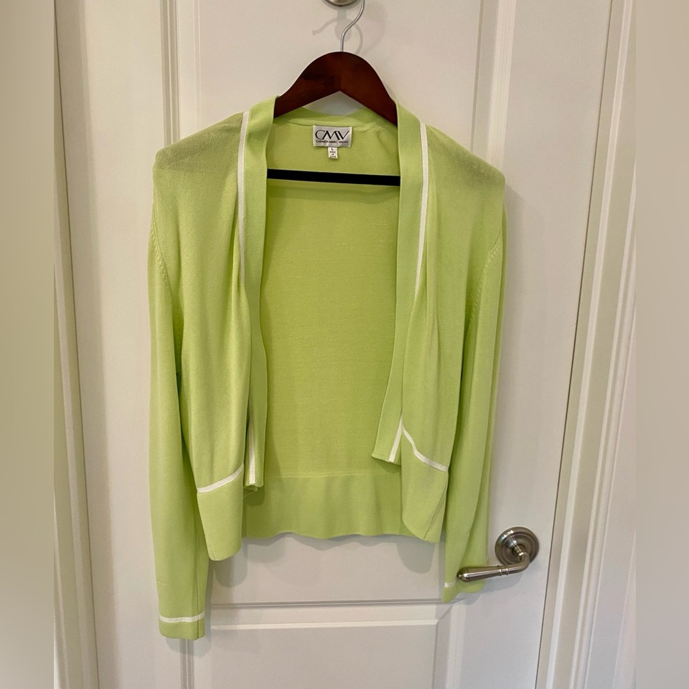 CMV Green Shrug Sweater with white ribbon trim Size L